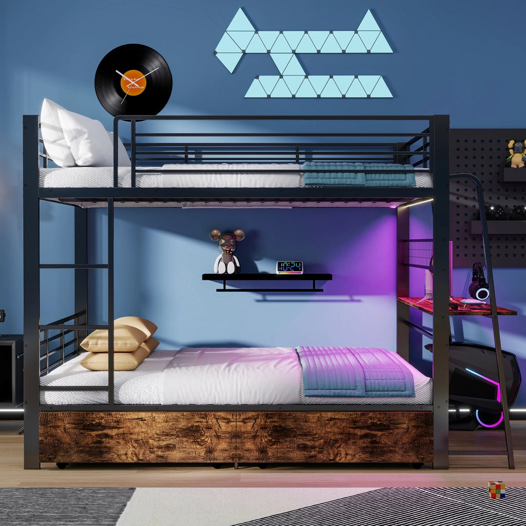 Letto a soppalco 140 × 200 cm con scrivania prese USB Type-C LED RGB e cassetti in metallo e MDF nero