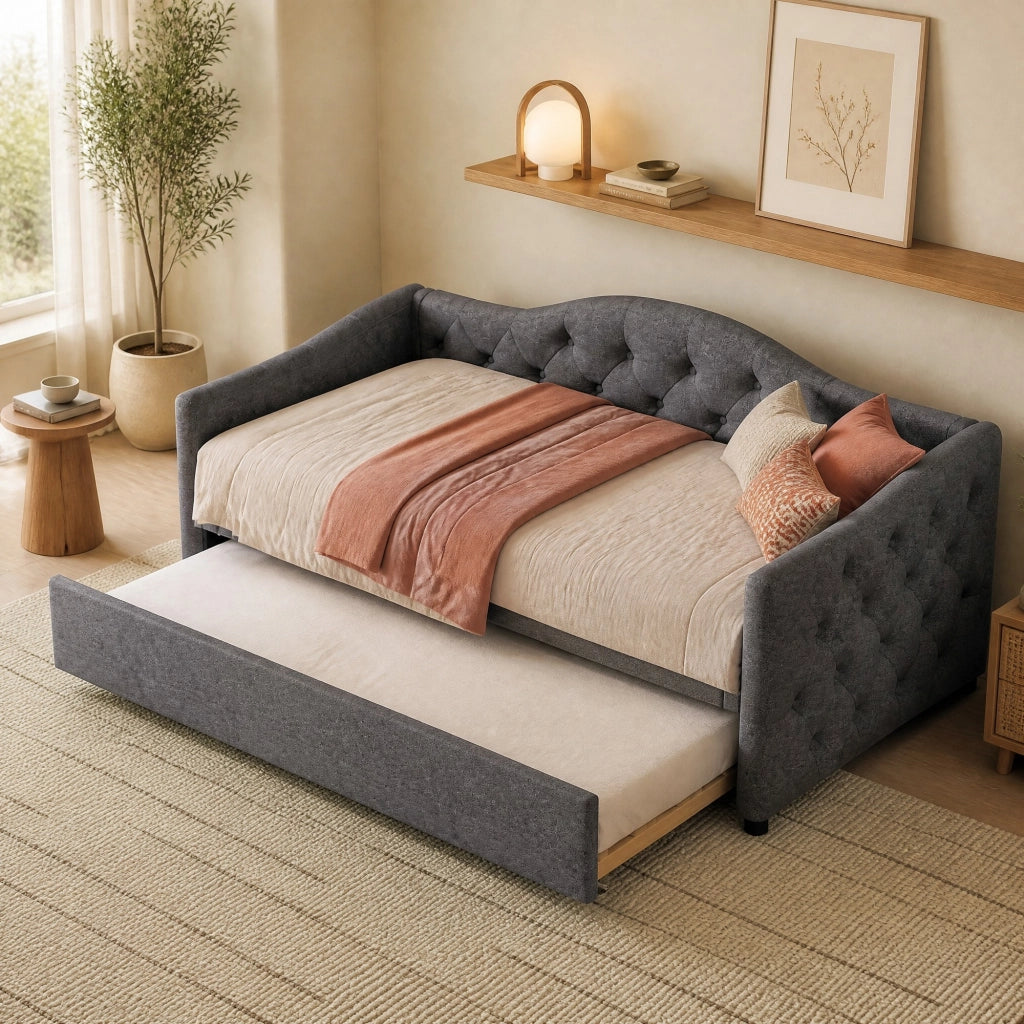 Letto singolo 90x200 cm in lino grigio con letto estraibile, senza materasso