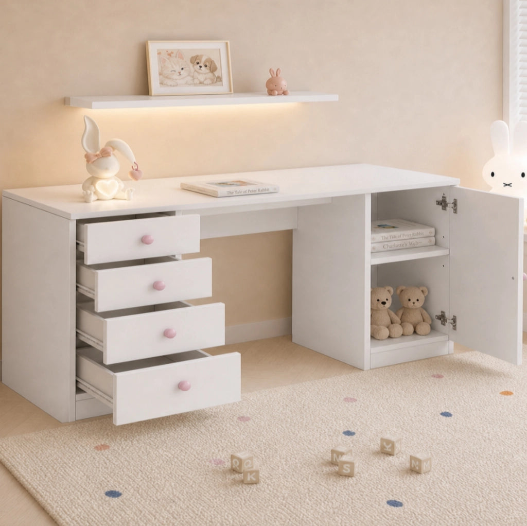Scrivania per bambini 155x45x75 cm in MDF bianco, 4 cassetti e vano