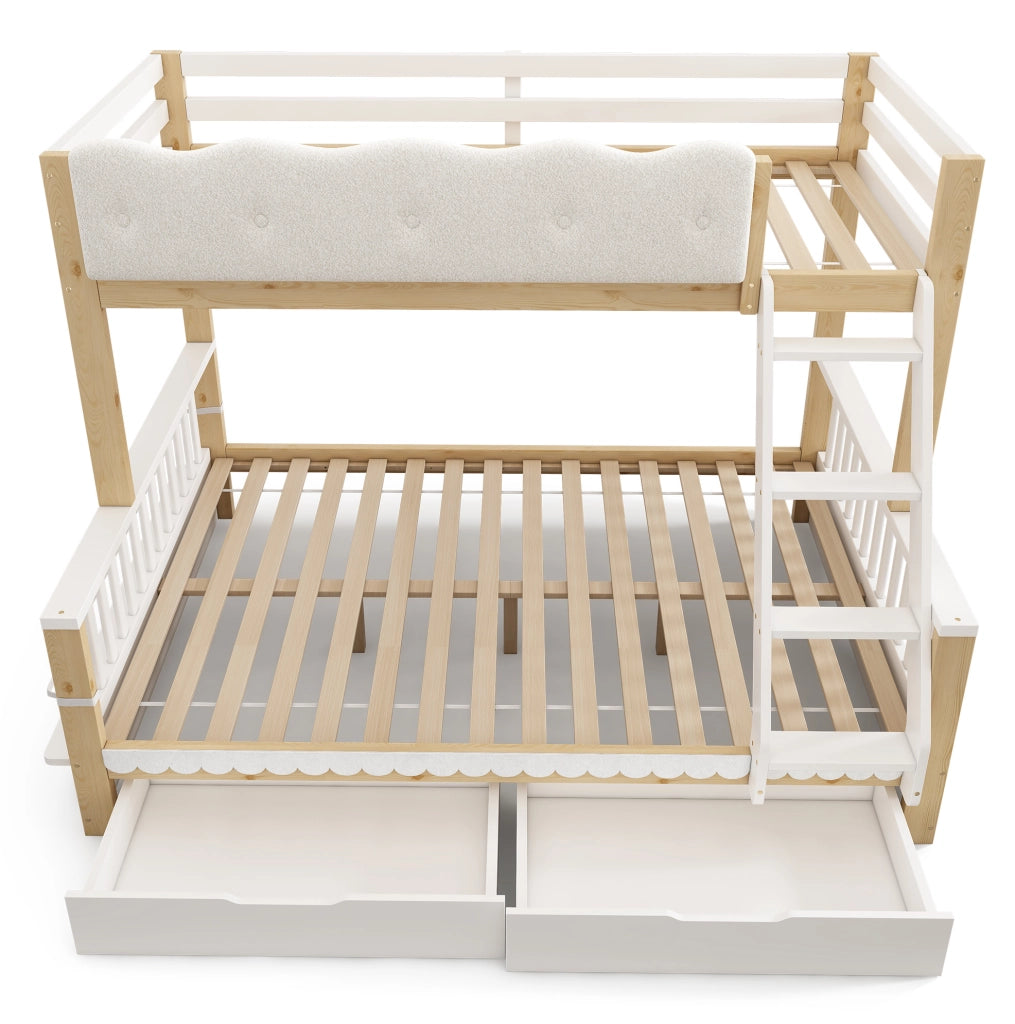 Letto a castello bambini 90x200/140x200 cm con cassetti e porta riviste bianco e rovere HOMVRA