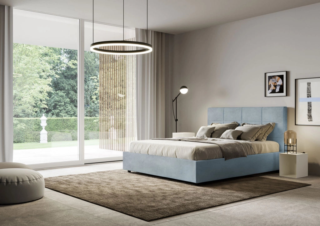 BS COM Letto queen size senza rete imbottito 150x200 microfibra azzurro