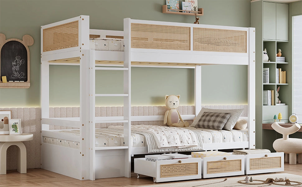 Letto a castello per bambini in pino e MDF; 90x200 cm; con 3 cassetti su ruote e rattan; bianco e naturale