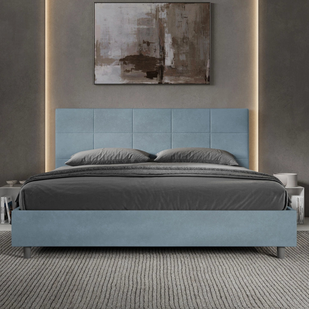 Letto Matrimoniale King Size 190x210 cm con Rete Imbottito in Microfibra Mika Azzurro