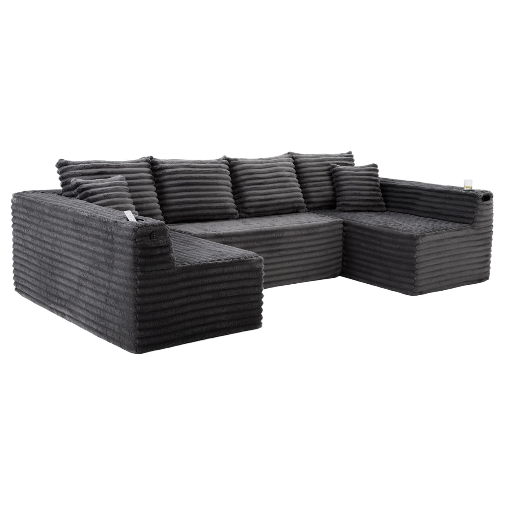 Divano a U in Corduroy con Porta Bicchieri, Tasche Laterali e Cuscini, 320x155x88 cm, Ergonomico per Soggiorno