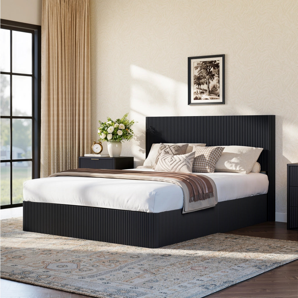 Letto con contenitore 160 × 200 cm con sollevamento idraulico struttura in acciaio e doghe in legno nero lucido