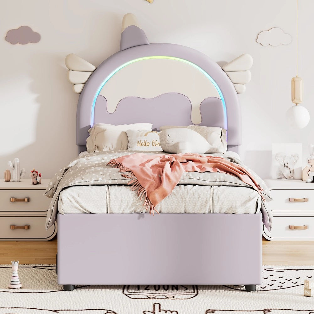 Letto per Bambini a Unicorno con Letto Estraibile ¨C MINIMAL ¨C PU Viola 90x200