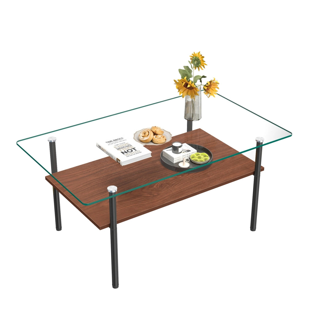 Tavolino basso fisso con piano in vetro temperato e ripiano in MDF effetto legno; struttura in metallo nero e marrone