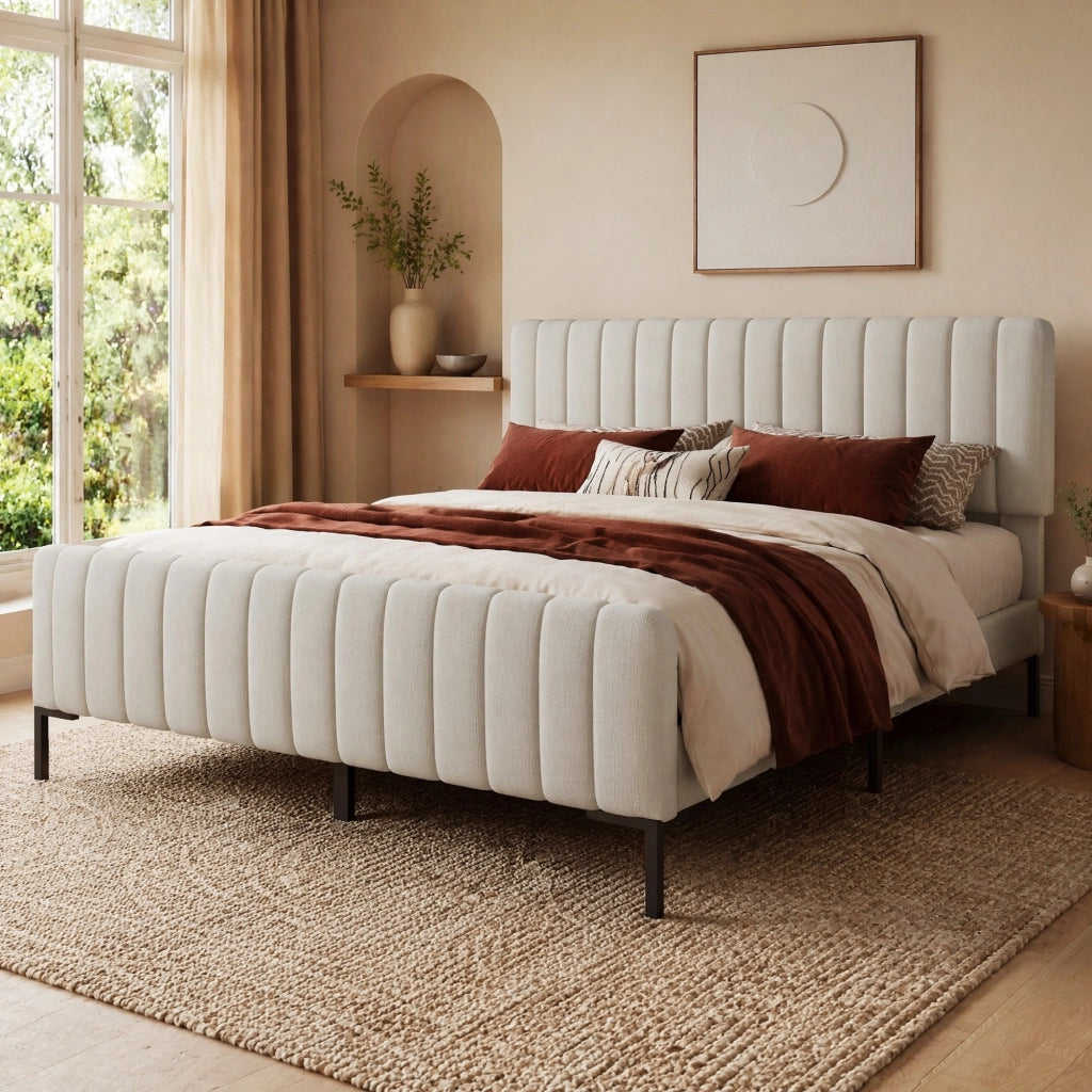 Letto imbottito 160x200 cm grigio-beige con rete e testiera regolabile