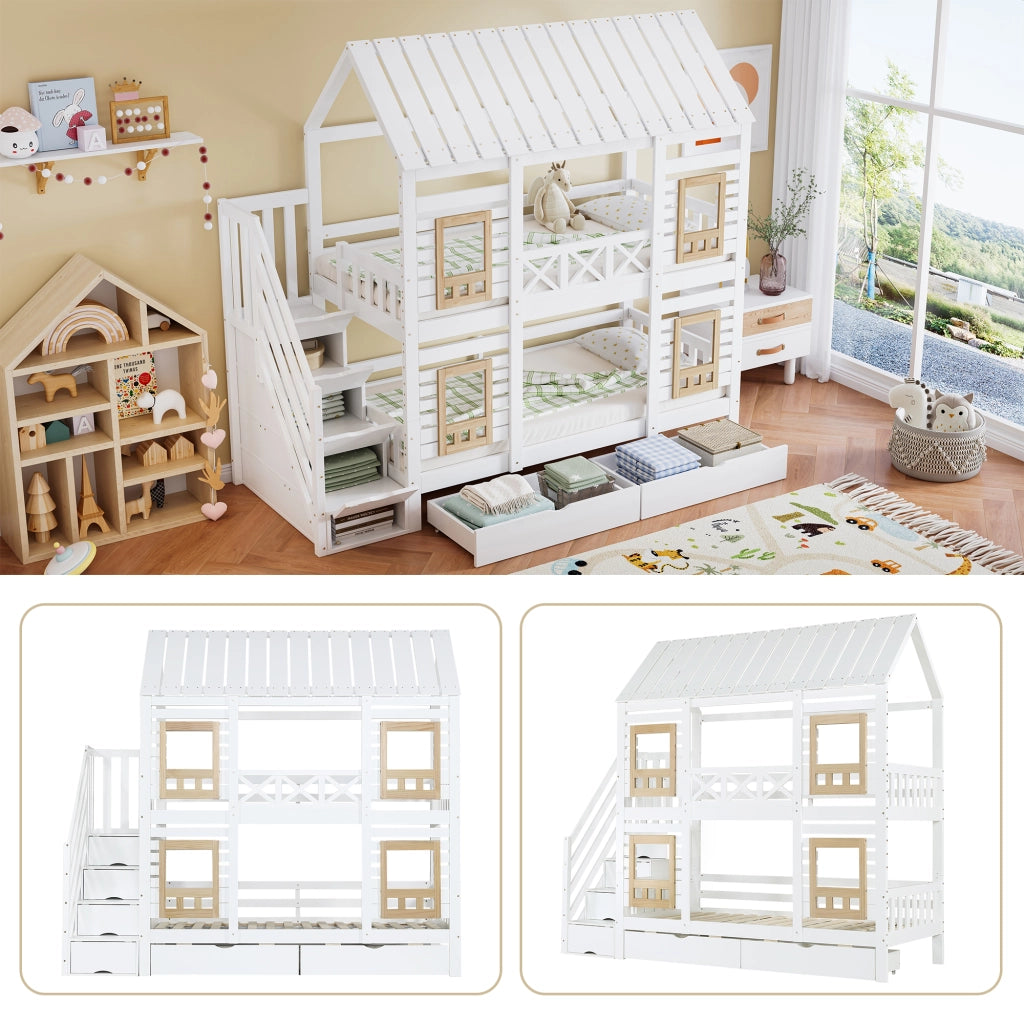 Letto a castello a casetta in pino e MDF; 90x200 cm; bianco e naturale; con scala contenitore e cassetti per cameretta