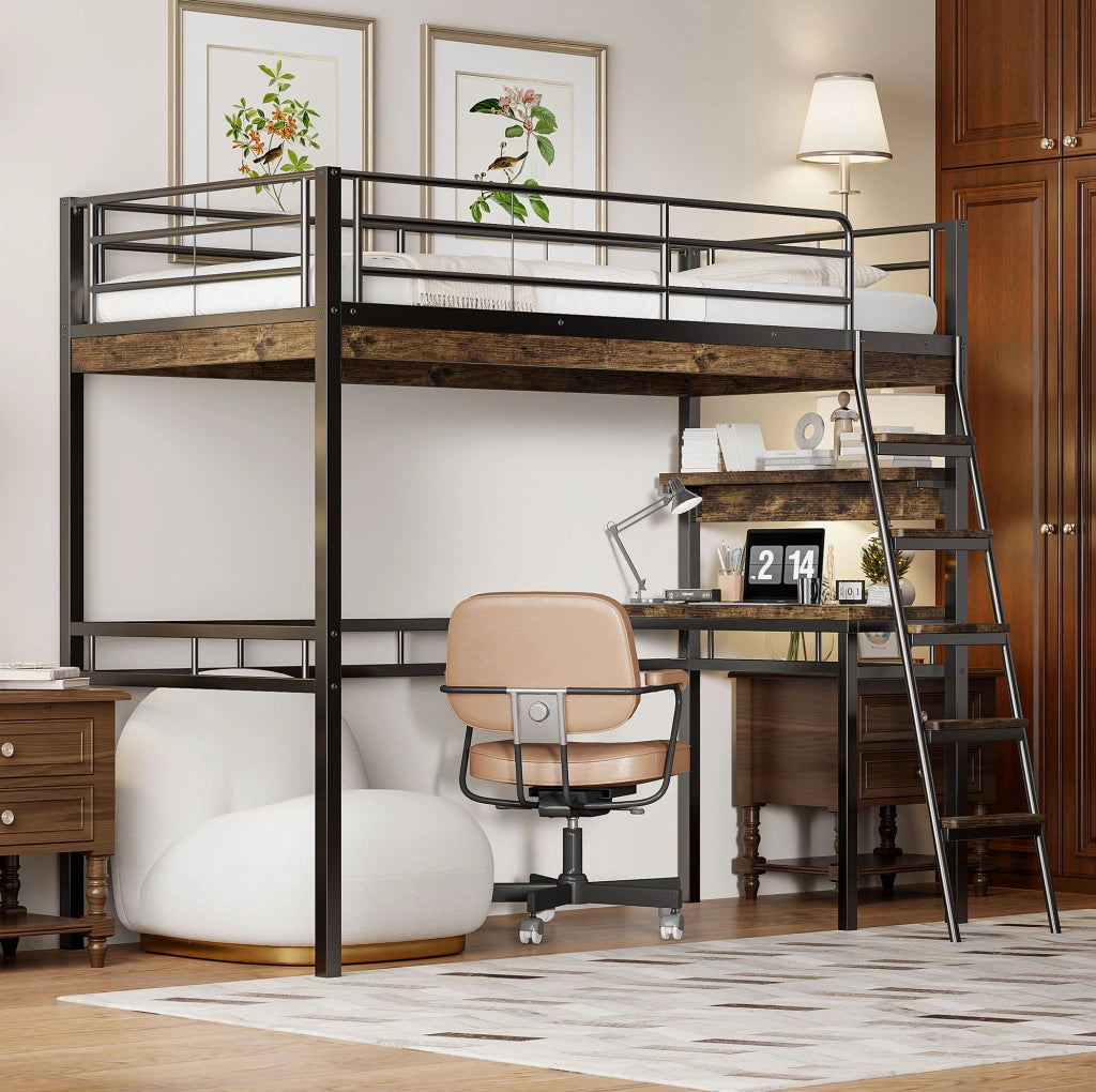 Letto a soppalco 90x200 cm con scrivania e ripiani in metallo e MDF nero