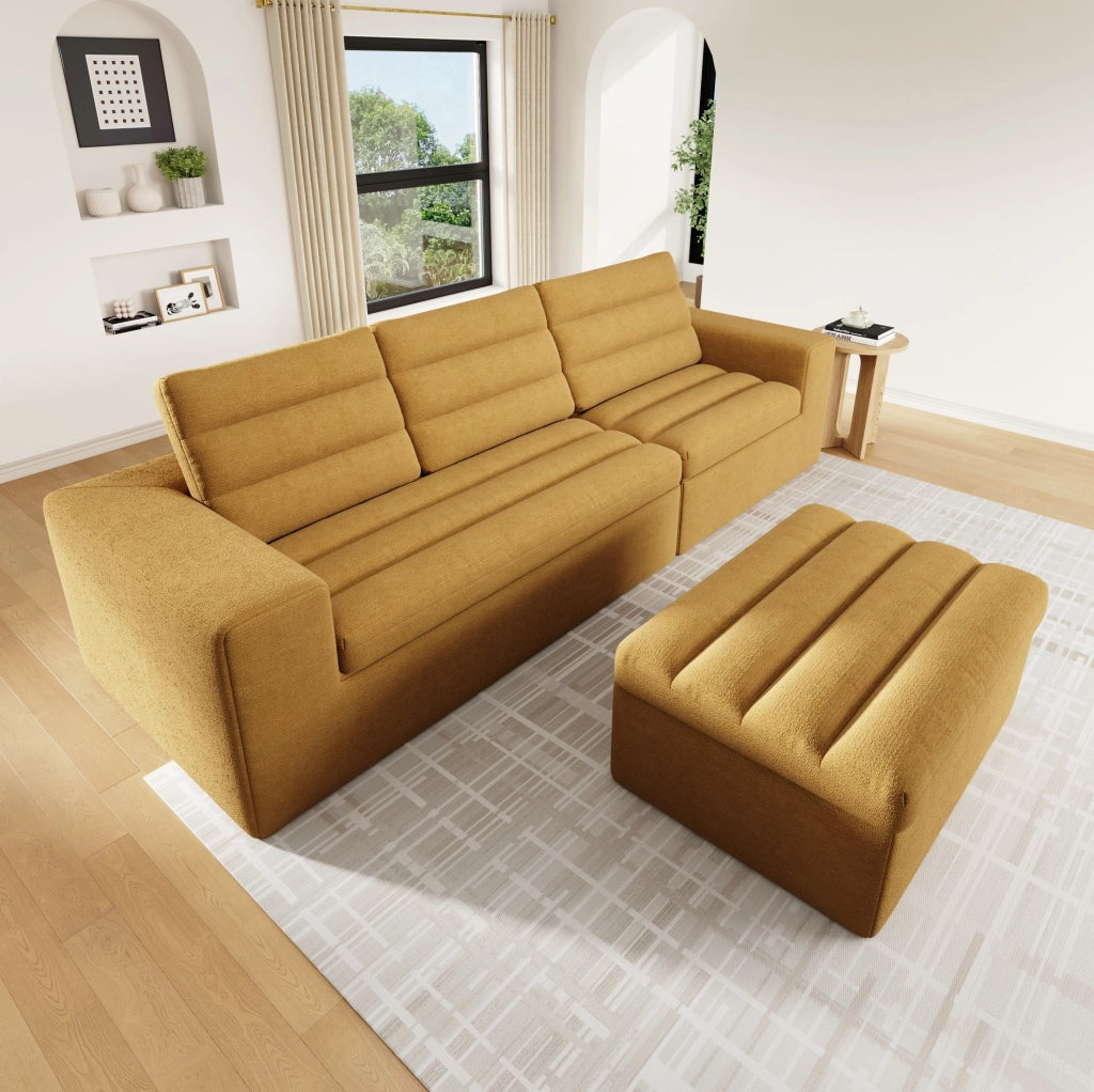 Divano angolare modulare 4 posti con pouf 253x161x89 cm in ciniglia arancione