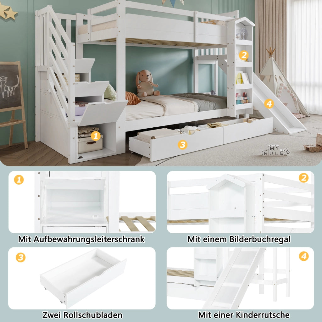 Letto a Castello 90x200 cm con Scivolo; Libreria; 2 Cassetti e Scala con Contenitori; Legno Bianco