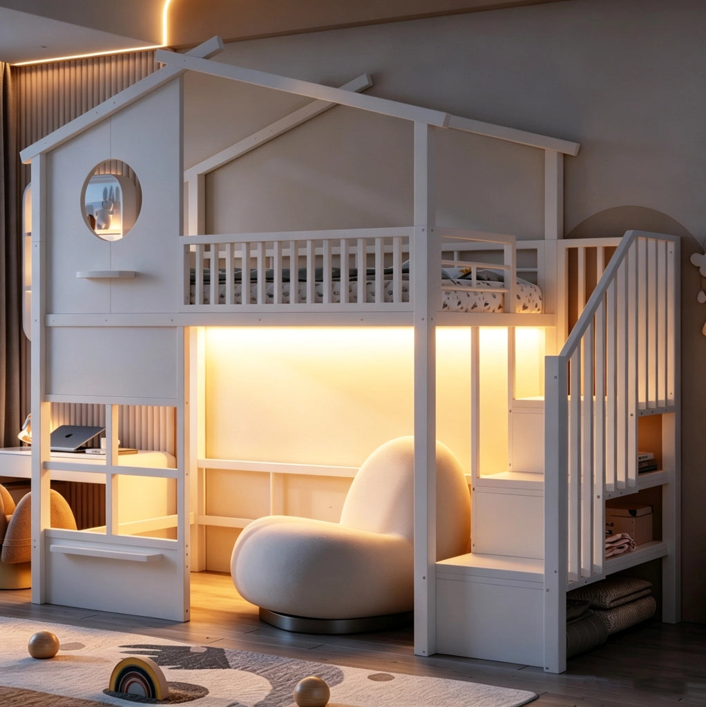 Letto a soppalco 90x200 cm a forma di casa con LED e scala contenitore bianco