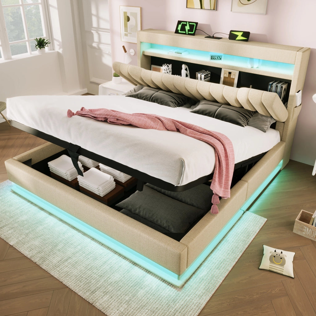 Letto matrimoniale 140 × 190 cm con contenitore LED USB e Type-C in lino beige con rete a doghe