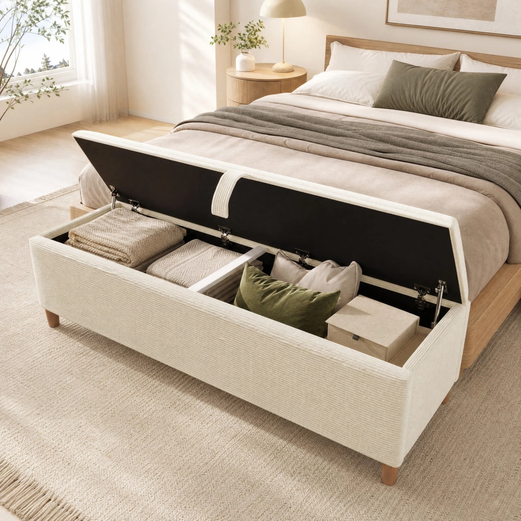 Letto matrimoniale 160x200 cm con LED; contenitore; panca e materasso; effetto rovere e beige
