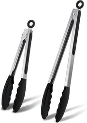 Grilltang set da 2 pezzi, acciaio inossidabile, punta in silicone, 33,5 cm e 26,5 cm, teglia per la carne per cucinare al grill, resistente al calore e al lavaggio in lavastoviglie - nero.