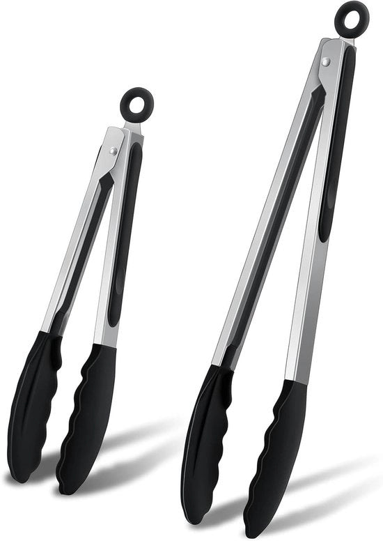 Grilltang set da 2 pezzi, acciaio inossidabile, punta in silicone, 33,5 cm e 26,5 cm, teglia per la carne per cucinare al grill, resistente al calore e al lavaggio in lavastoviglie - nero.