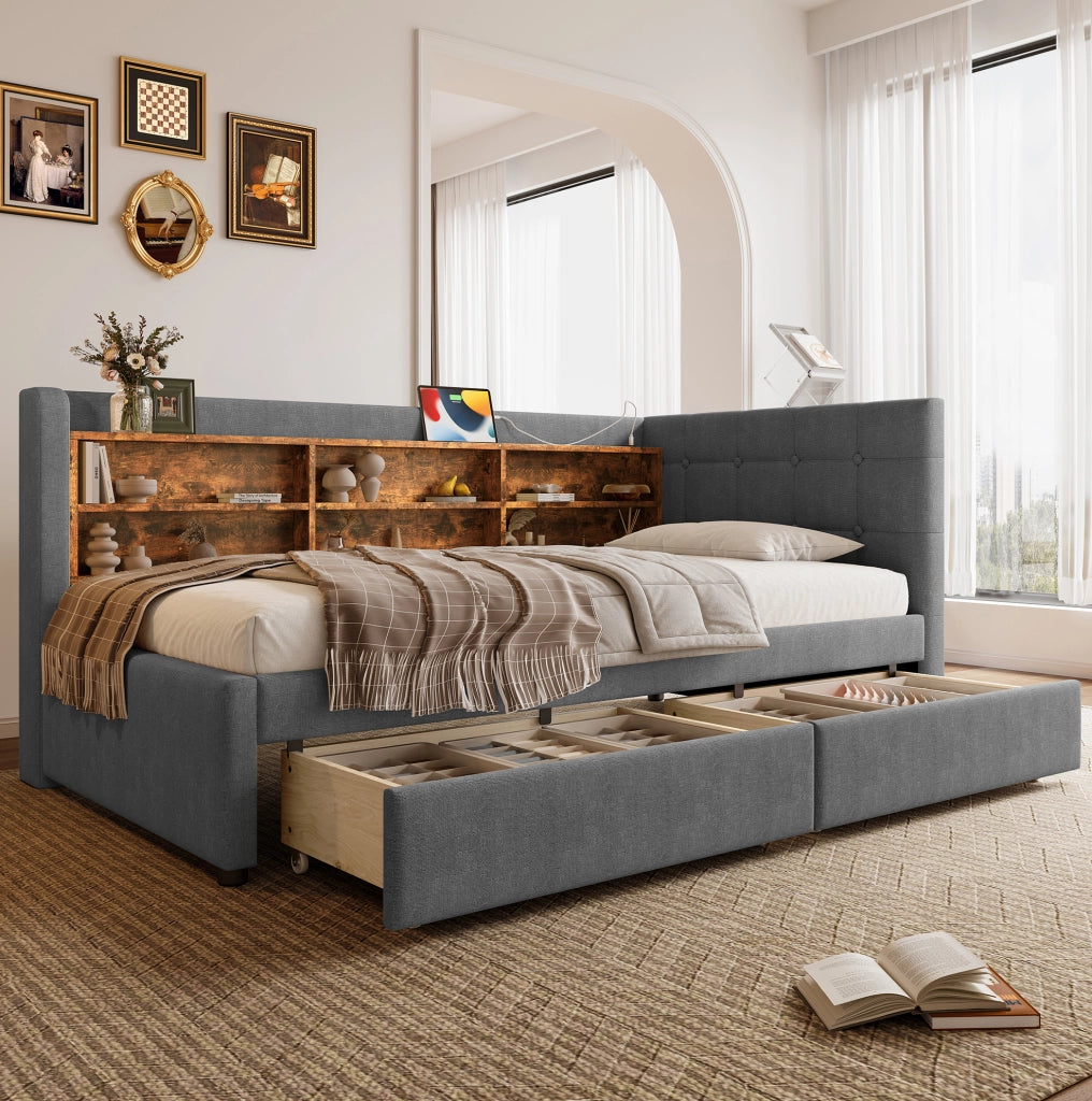 Letto singolo 90x200 cm grigio con 2 cassetti, USB, Type-C e ripiani