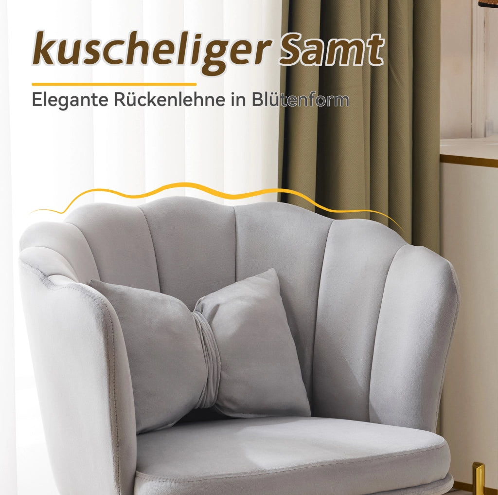 Set di 4 sedie in velluto grigio con schienale a petalo e gambe in metallo dorato; 63x58x77 cm