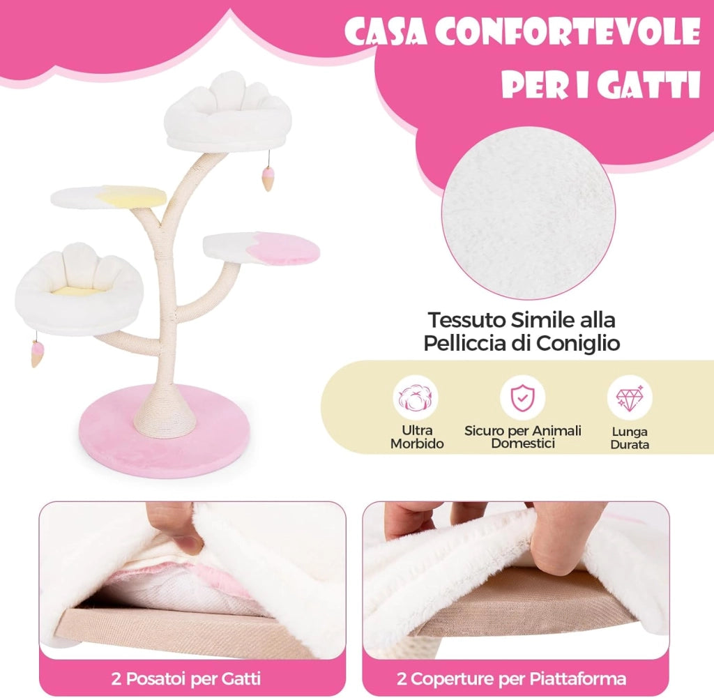 Albero per Gatti, Tiragraffi per Gatti con 2 Piattaforme, Palline Pendenti, Cuscini e Tiragraffi in Sisal, Centro Attività per Gatti Piccoli da Interno, 59 x 59 x 123 cm
