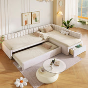 Letto angolare imbottito 90x200 beige con letto estraibile, cassetti e rivestimento morbido