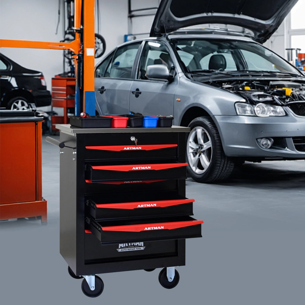 Carrello portautensili con 6 cassetti e chiusura per garage in acciaio nero rosso