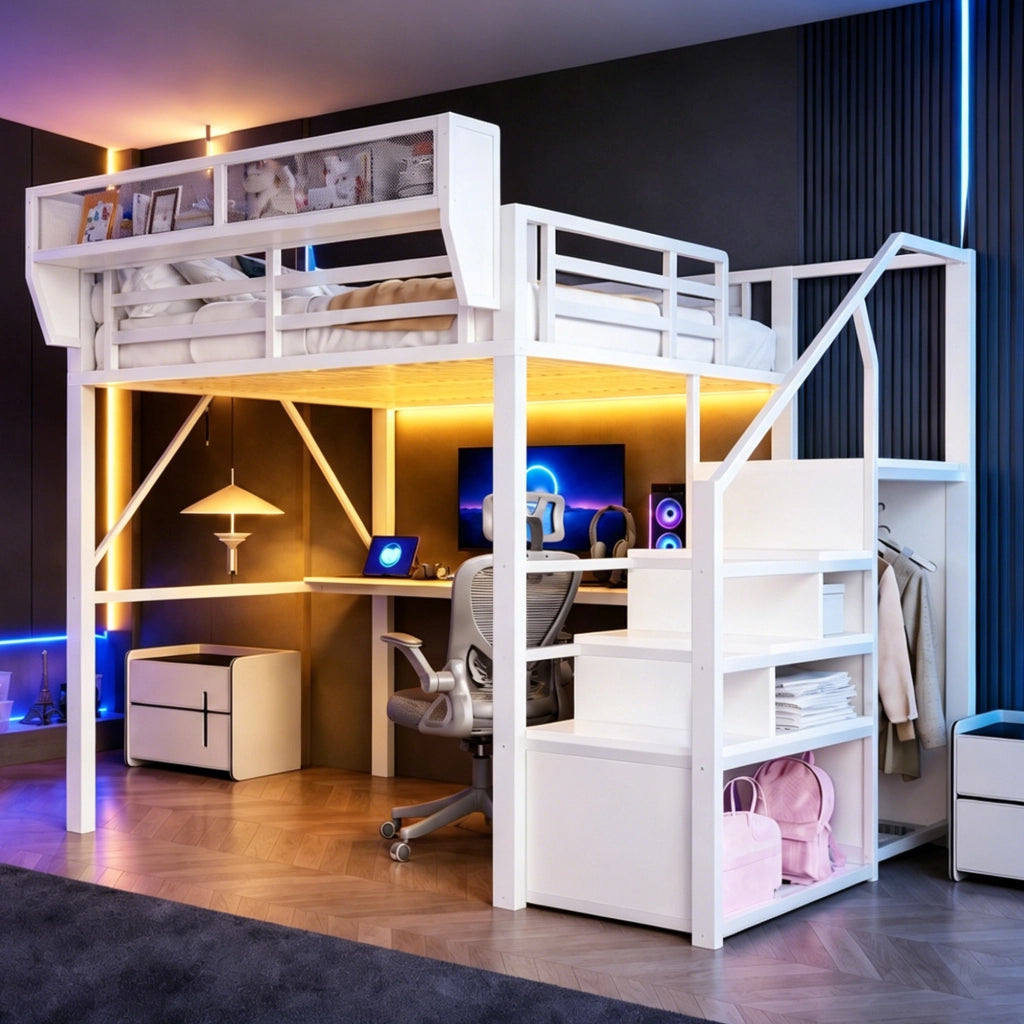 Letto a soppalco 140 × 200 cm con scrivania da 2 m LED scaffale regolabile in metallo e MDF bianco