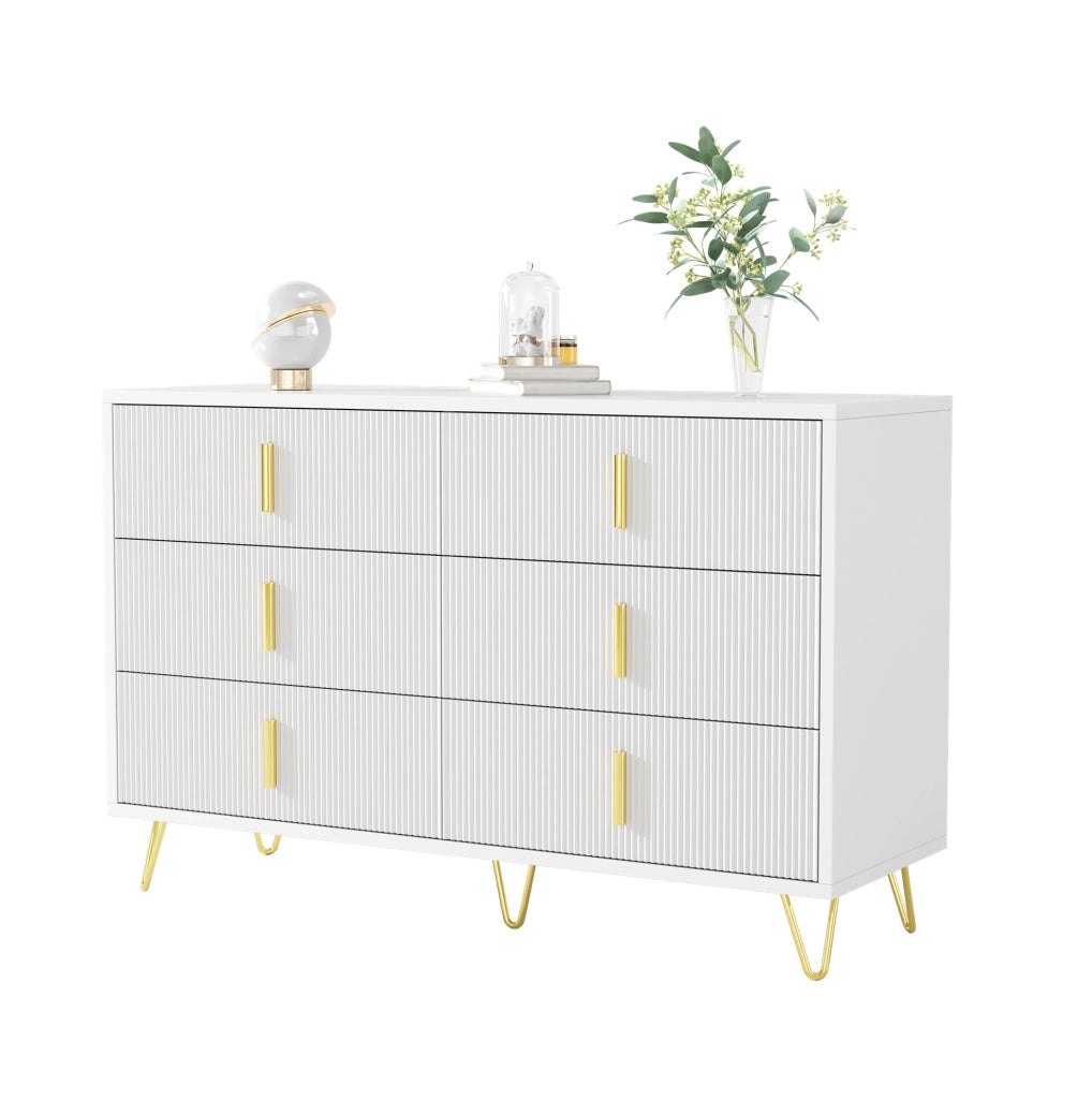 Sideboard bianco con piedini dorati, 120x77x40 cm con sei cassetti e design moderno