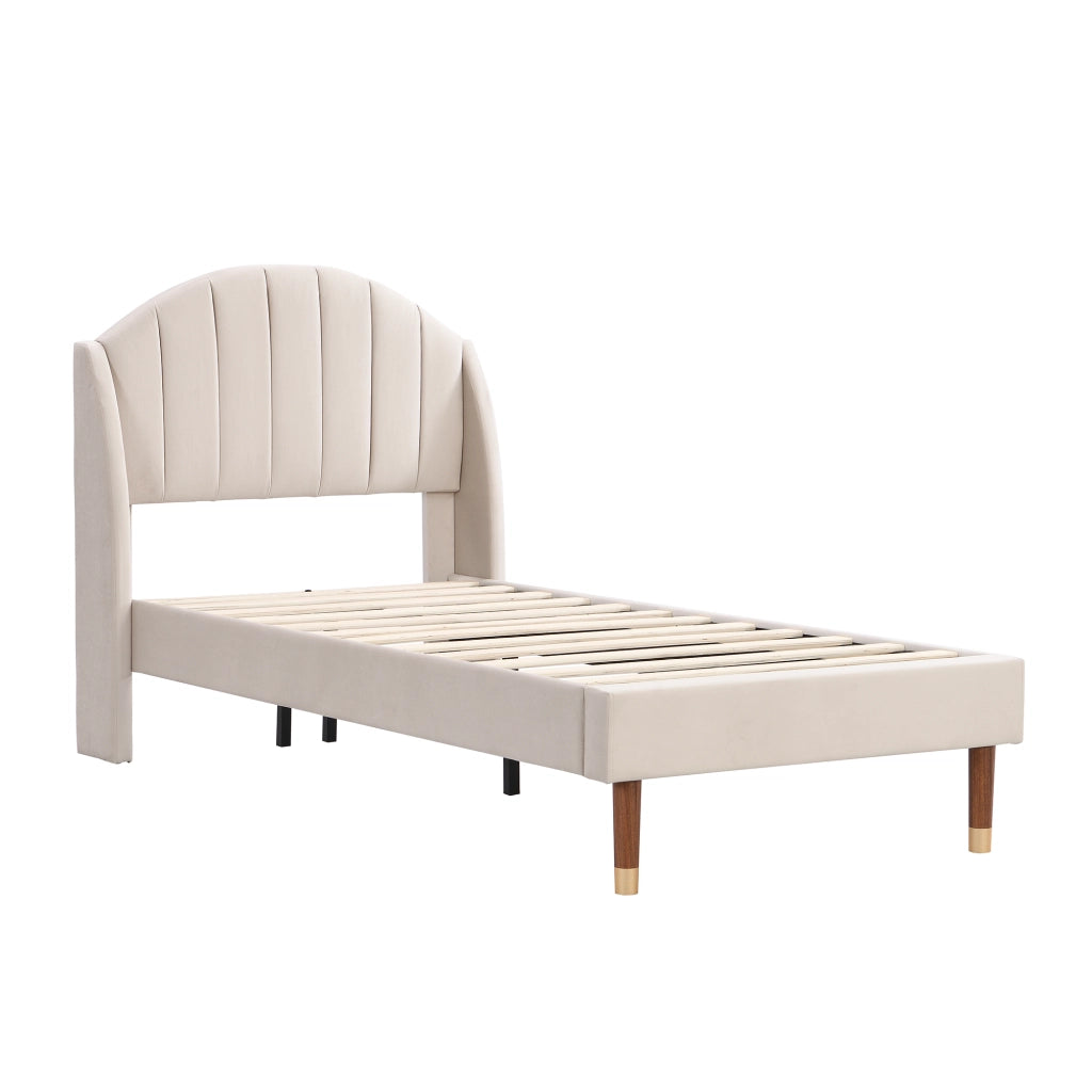 Letto singolo 90 × 200 cm imbottito con testiera e rete a doghe in velluto beige