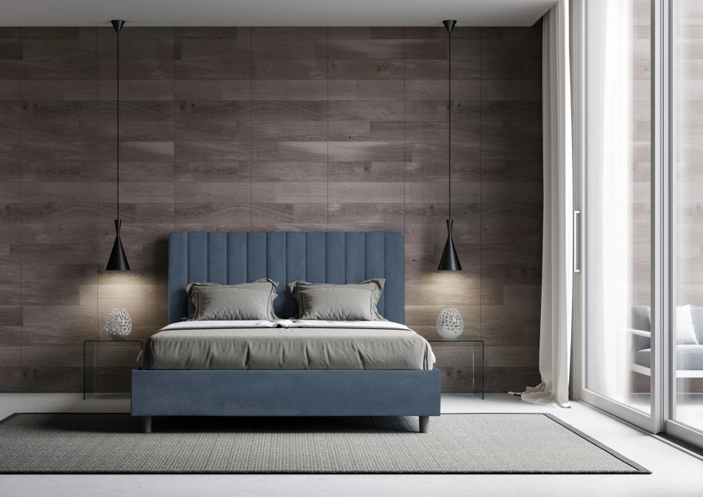 Letto 1 Piazza E Mezzo 130x210 cm con Rete e Contenitore Imbottito in Microfibra Agueda Blu