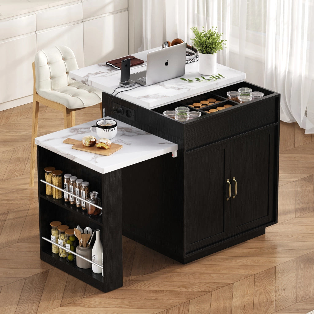 Tavolo allungabile da pranzo con LED; porte USB e Type-C; cassetti e ripiani aperti; nero in MDF