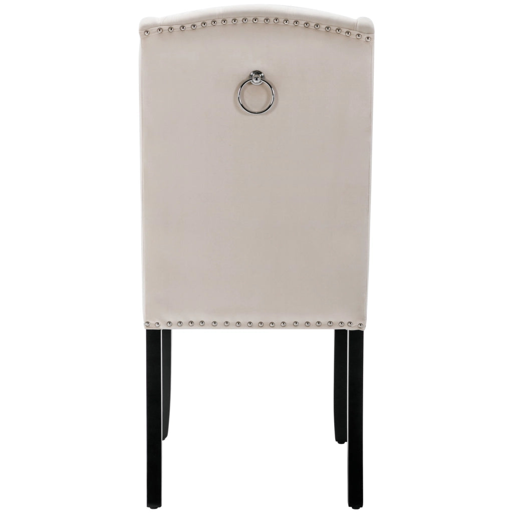 Sedie da pranzo set di 6 in velluto beige con gambe in rovere schienale capitonné borchie e maniglia cromata