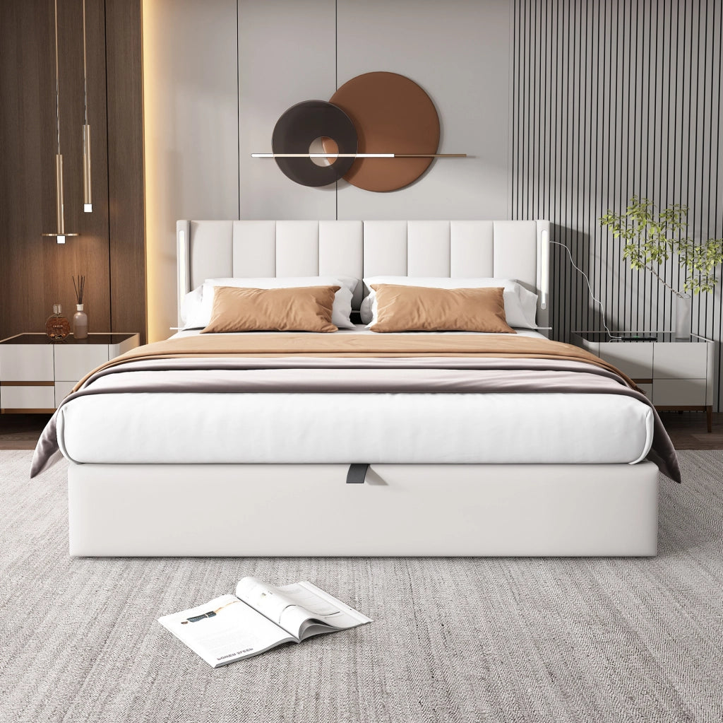 Letto matrimoniale contenitore 180x200 cm in PU bianco con LED e testiera regolabile HOMVRA