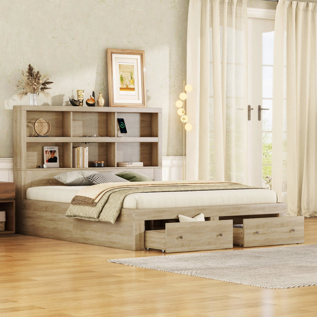 Letto matrimoniale ULEVR 160x200 cm con testiera a 6 vani, porta USB e 2 cassetti, color naturale