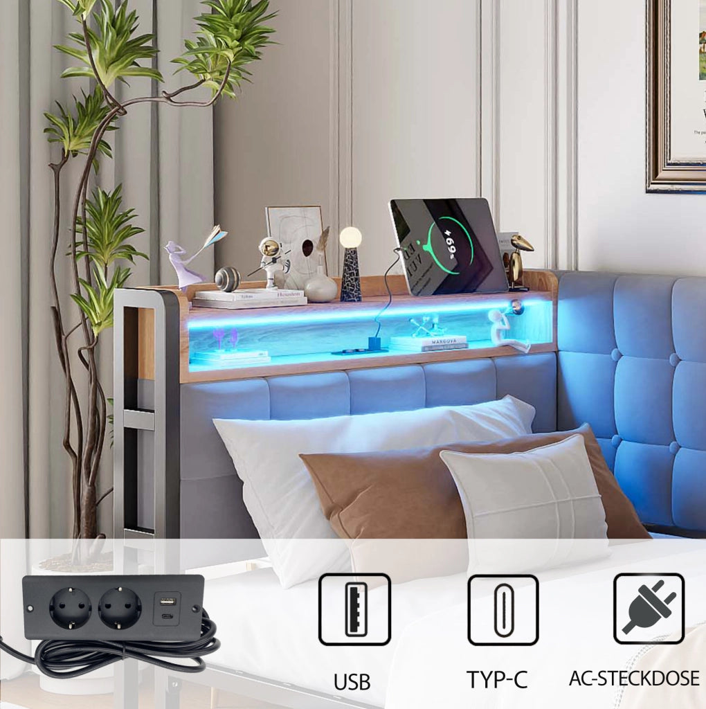 Divano letto imbottito 90x200 cm grigio con LED; 2 cassetti; USB e Type-C