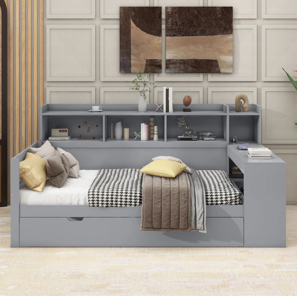Letto singolo multifunzione 90x200 cm con scrivania; 2 cassetti; prese USB; grigio