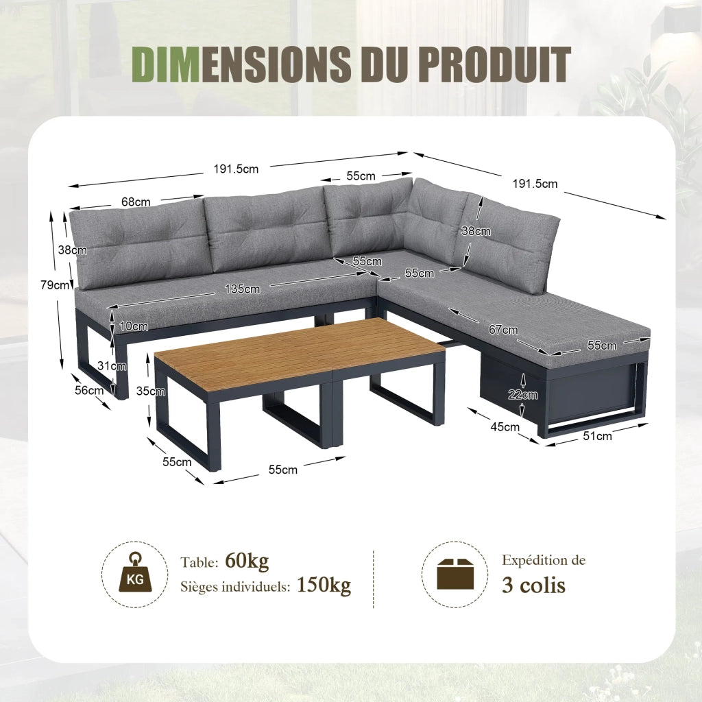 Set mobili da giardino multifunzione, schienale regolabile a 3 livelli con funzione reclinabile, cuscini spessi, vano portaoggetti, rivestimento in poliestere resistente alle intemperie, grigio scuro