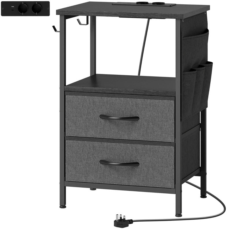 Tavolino laterale 40x30x60 cm con prese AC, USB-A, USB-C e 2 cassetti nero