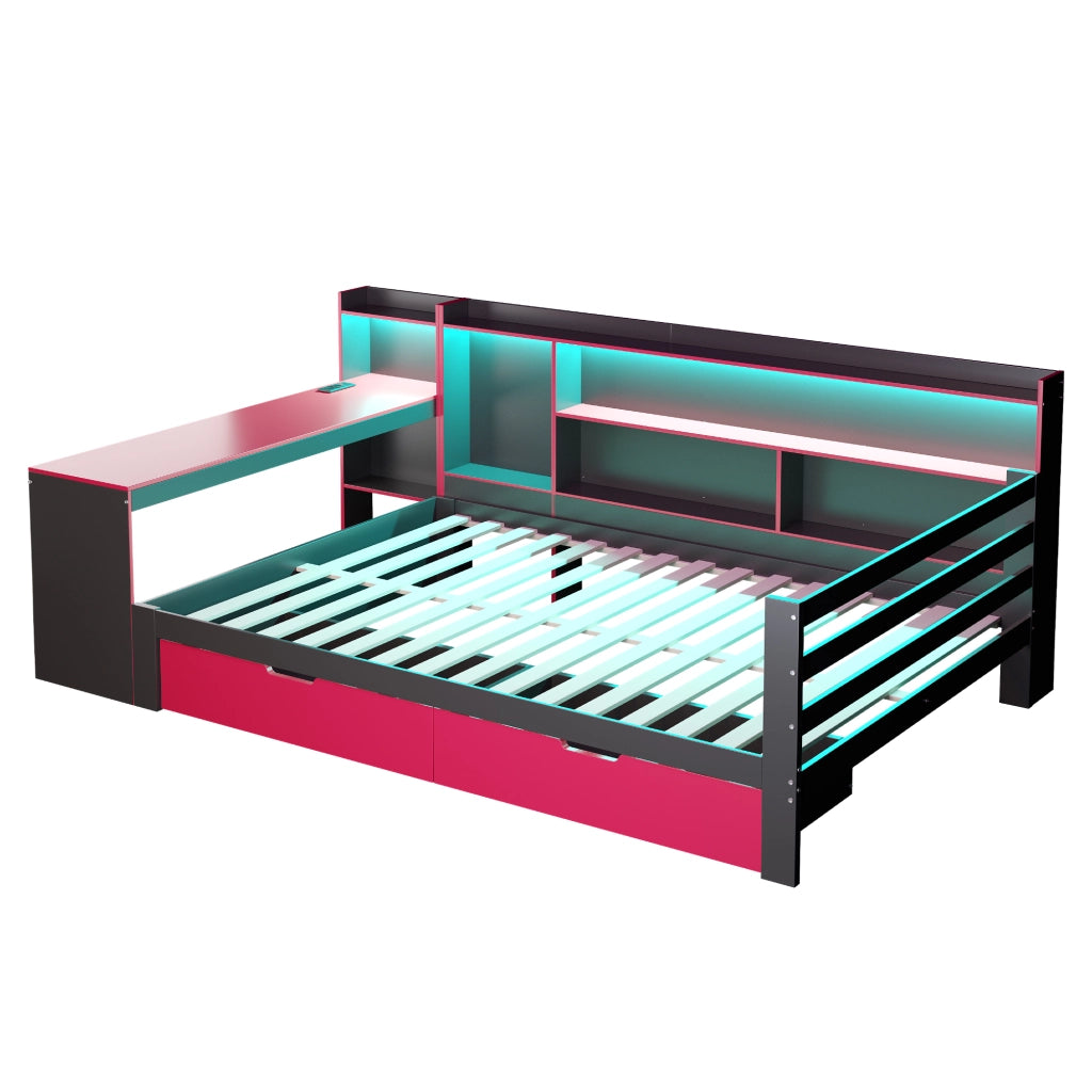 Letto divano matrimoniale 140 × 200 cm con scrivania, LED, prese e USB, senza materasso, nero e rosso