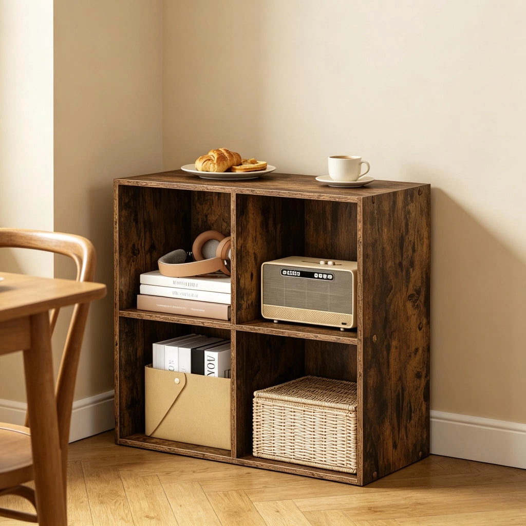 Libreria con 4 nicchie aperte e protezione antiribaltamento, per soggiorno, marrone rustico, 59,6 × 29 × 59,8 cm