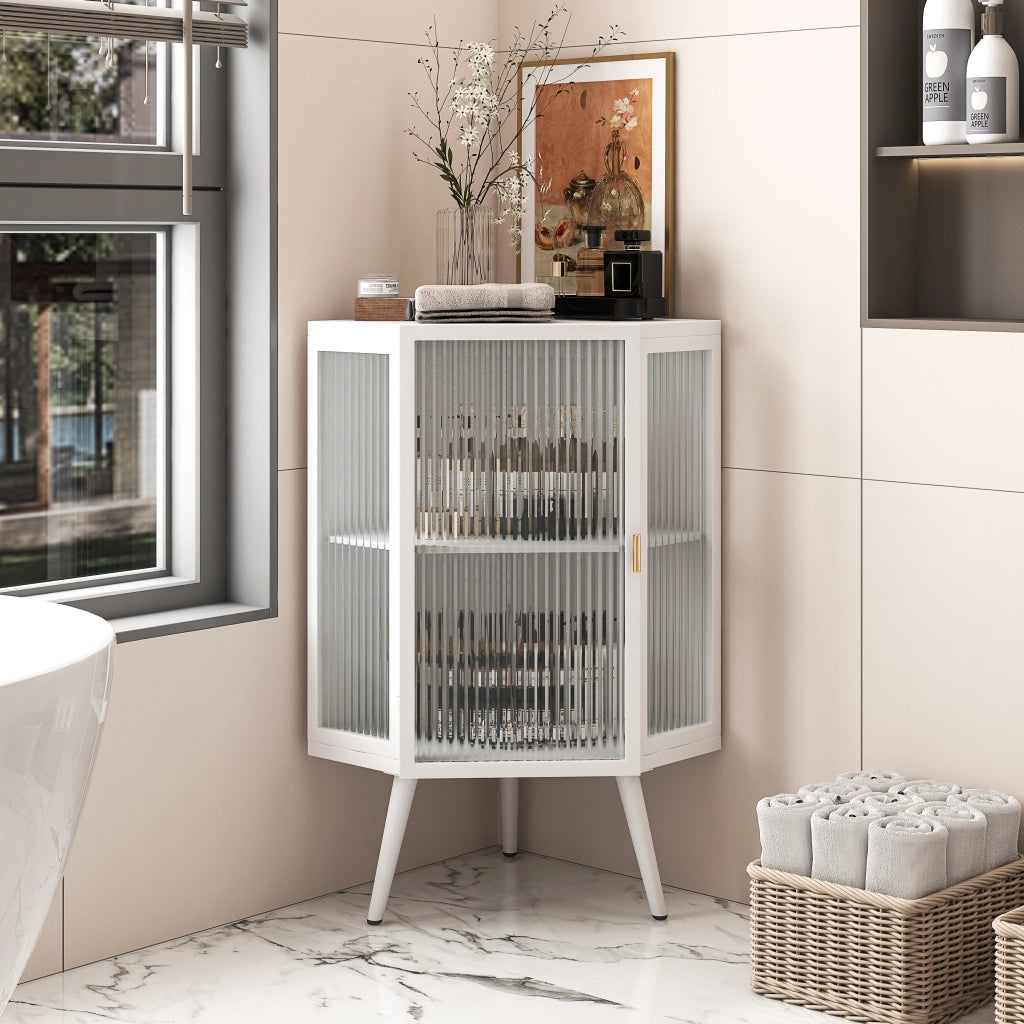 Armadio angolare da terra 80 cm, bianco, 2 livelli con ante in vetro temperato e ripiani, per bagno, soggiorno e camera