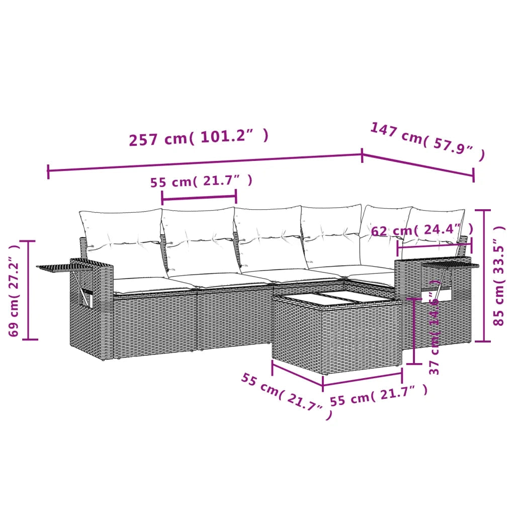 Set Divano da Giardino 6 pz con Cuscini Nero in Polyrattan