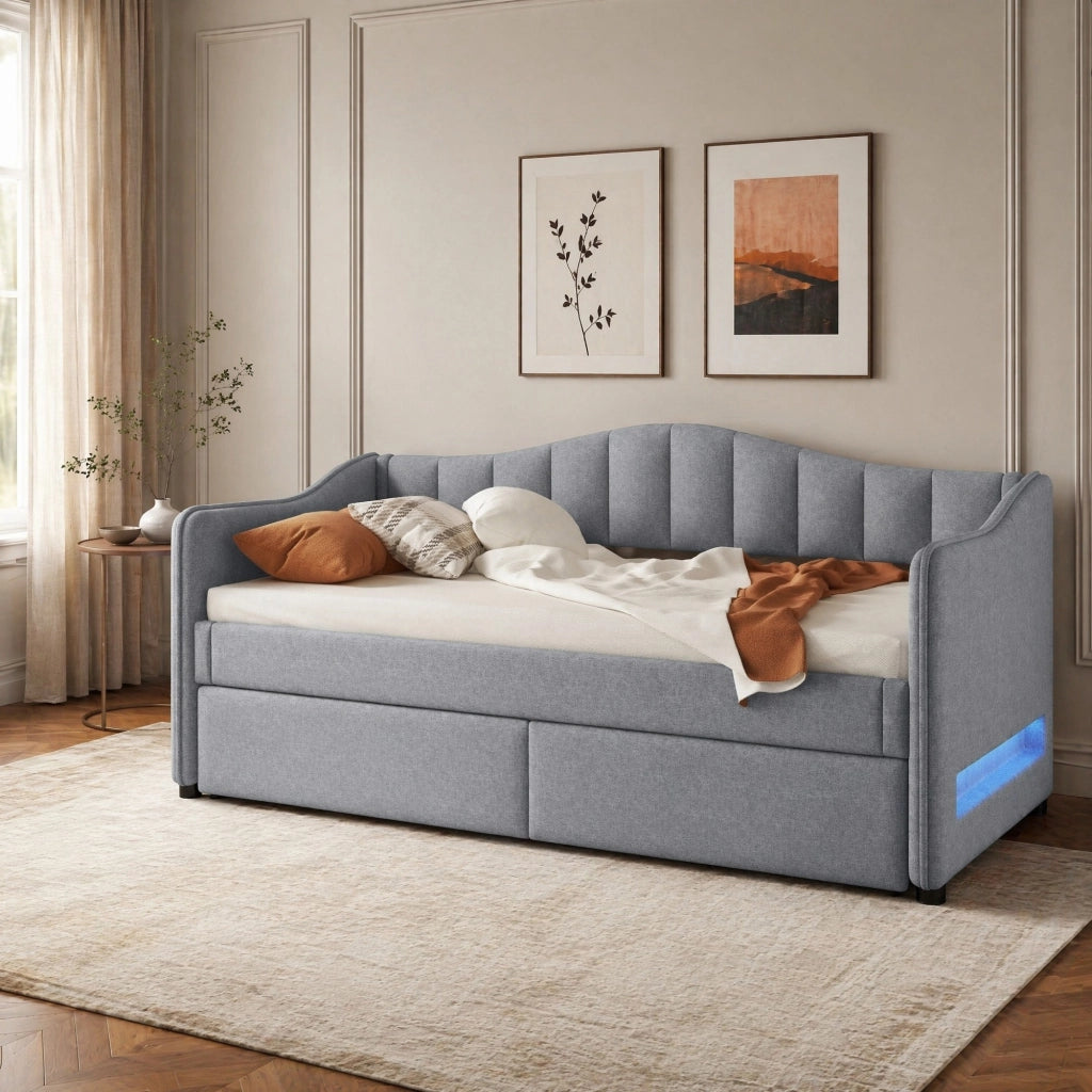 Letto singolo 90 × 200 cm con letto estraibile in lino e MDF grigio con illuminazione LED controllabile tramite app