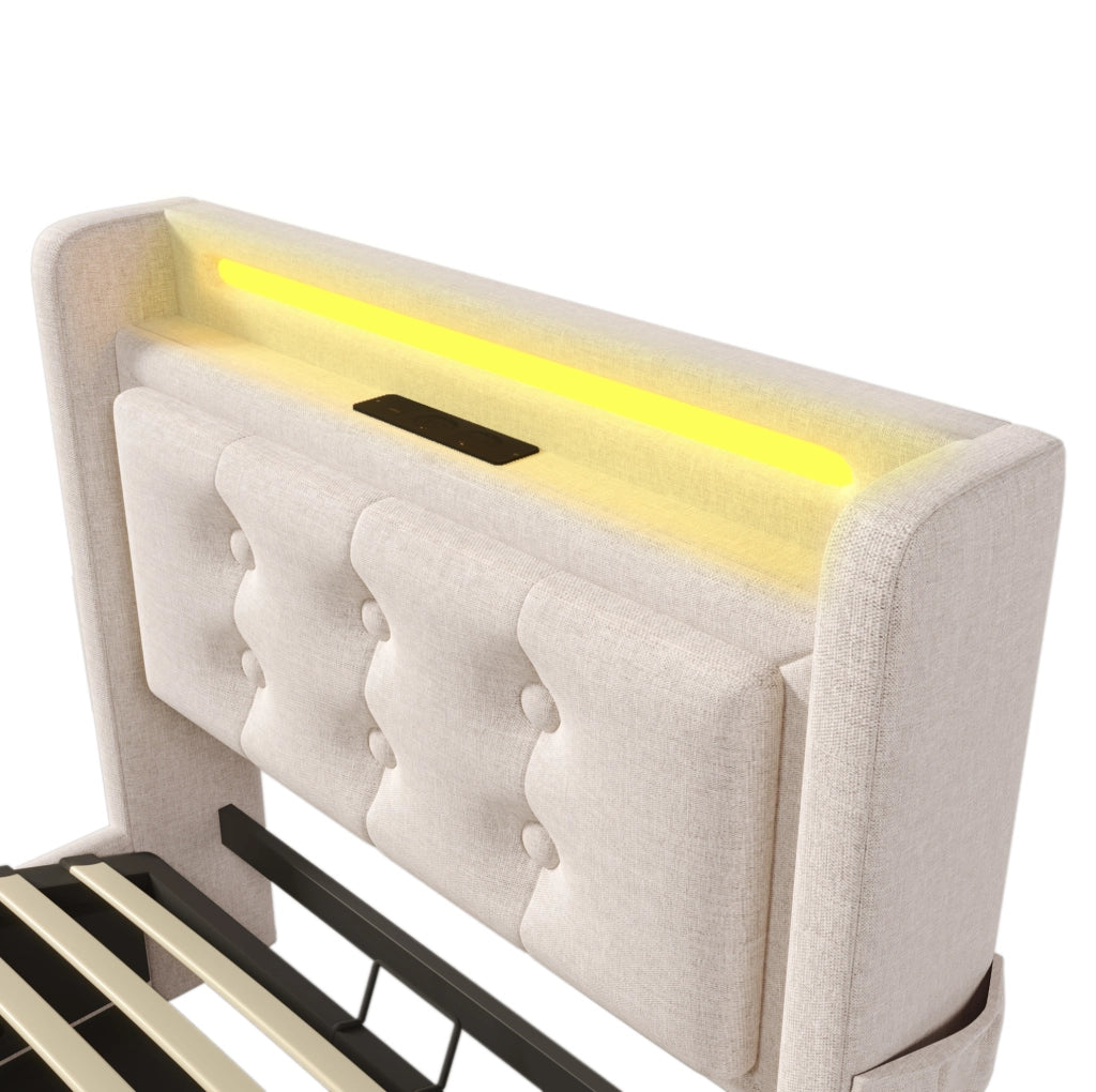 Letto imbottito 90x200 cm con contenitore; LED; prese USB e Type-C; beige
