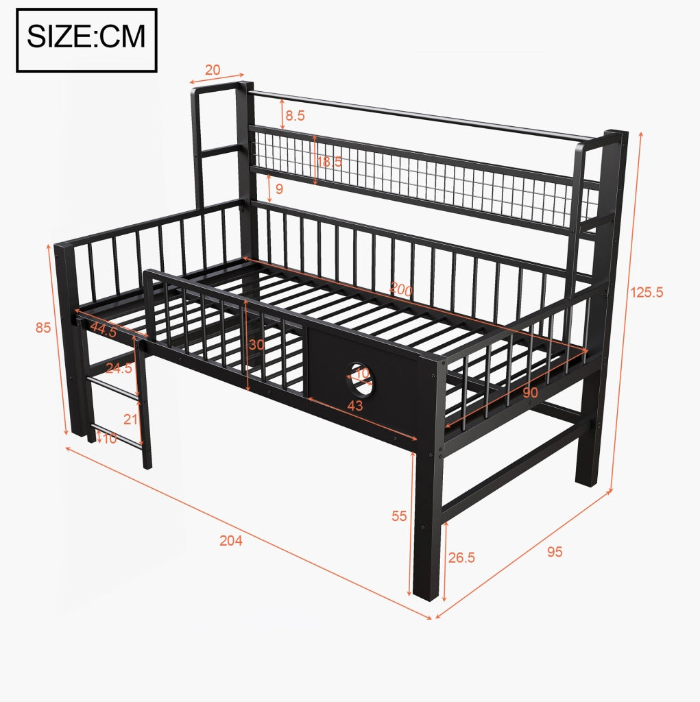 Letto per bambini 90x200 cm con struttura in metallo, soppalco basso con ripiani e appendiabiti, colore nero