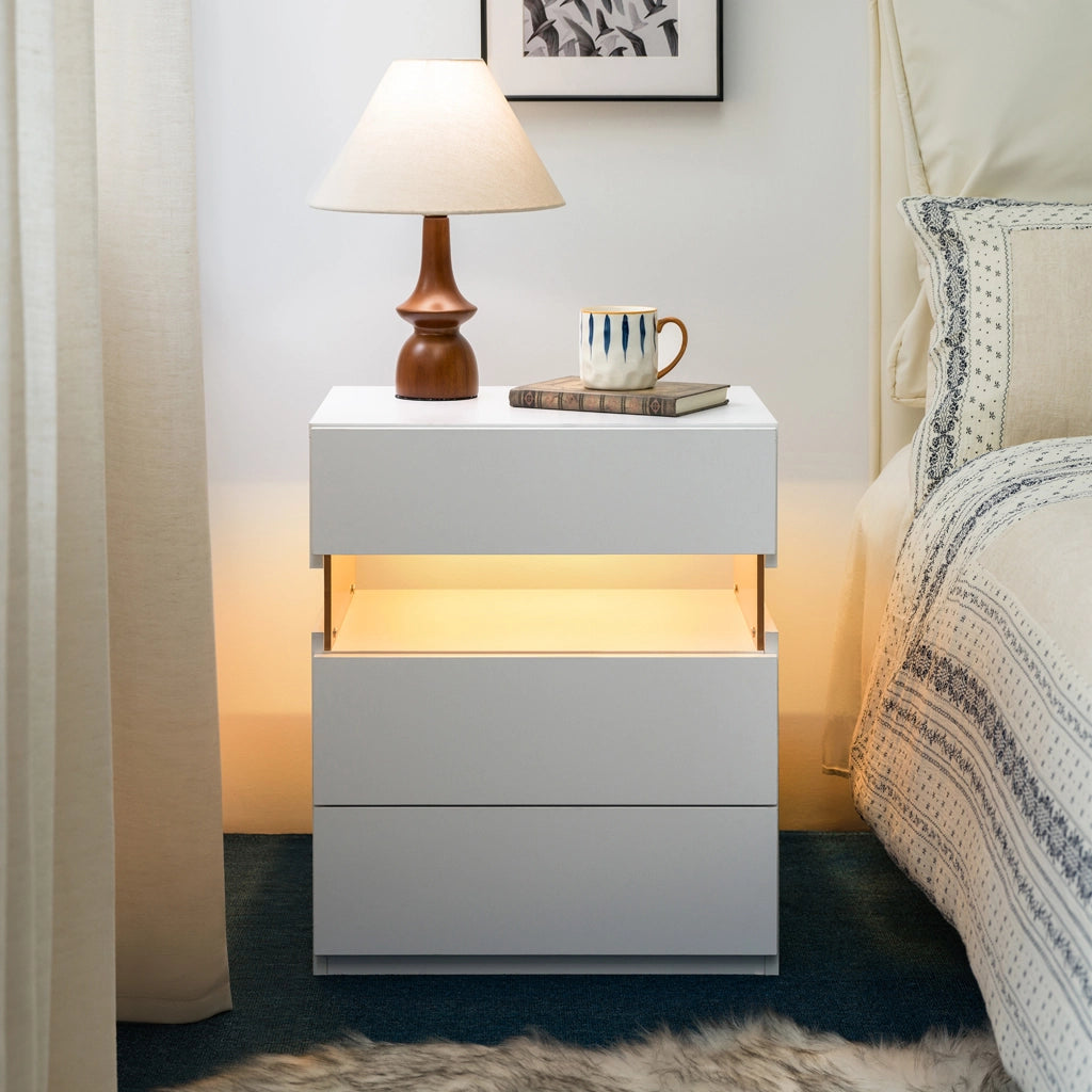 Comodino LED con 3 cassetti e pannello acrilico, luce RGB multicolore per camera da letto, legno ingegnerizzato, bianco
