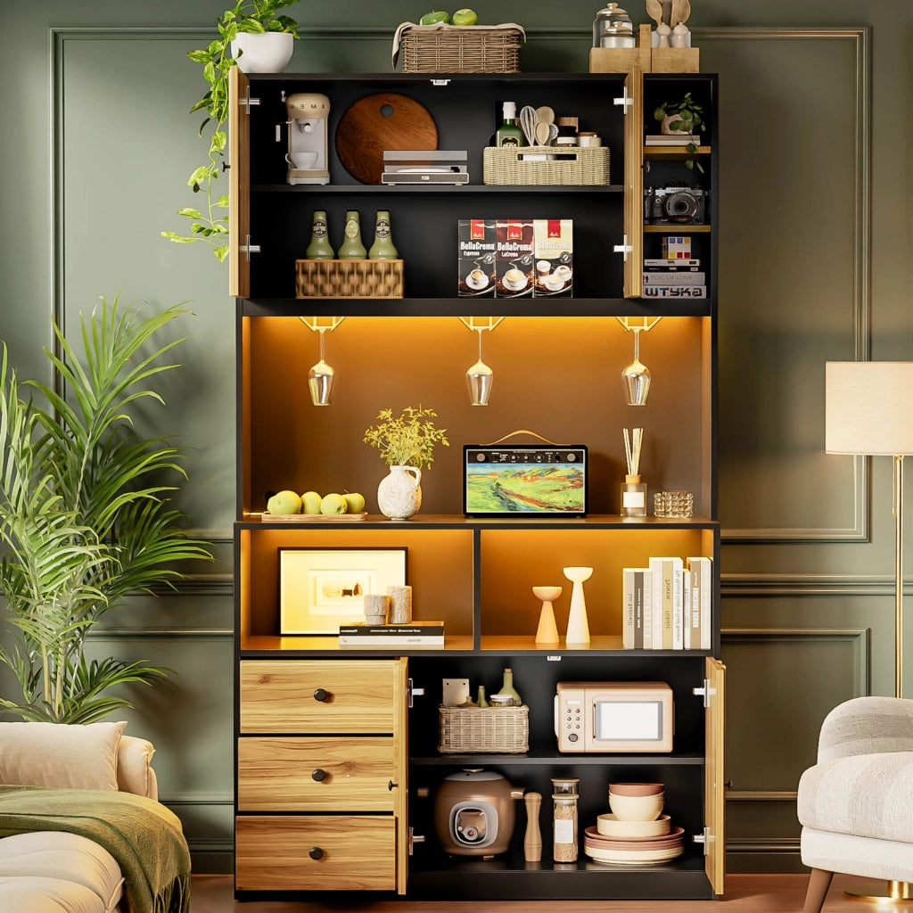 Credenza da cucina alta con LED, prese e portabicchieri, per cucina e bar, MDF nero naturale, 100 × 40 × 180 cm