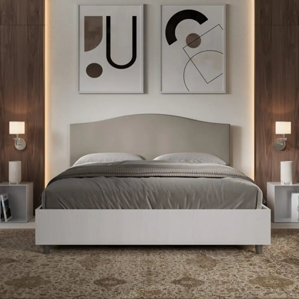 Letto matrimoniale contenitore 160x200 bianco frassino testata similpelle tortora Grace