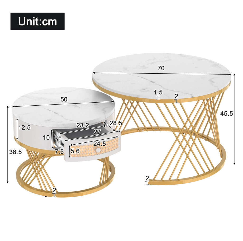 Set di 2 tavolini rotondi in MDF con cassetto; bianco e oro