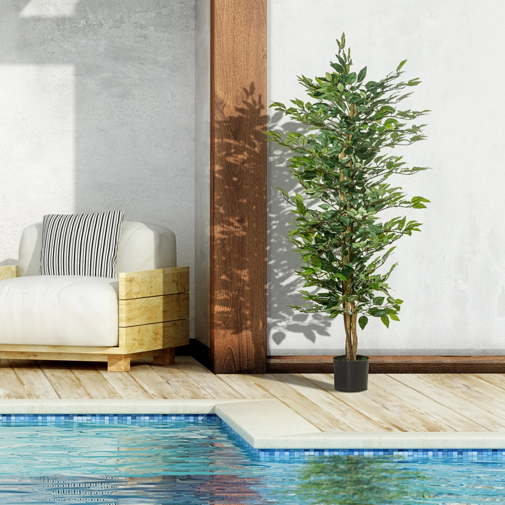 Fico artificiale 150 cm con 1008 foglie in plastica vaso nero con base in cemento per interni ed esterni